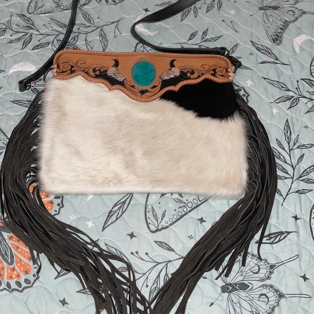 Tooled fringe Cowhide bag
